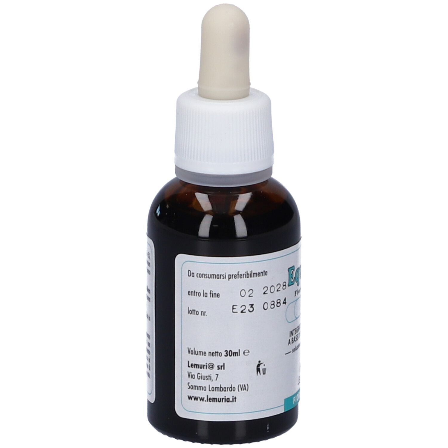 Flacone di vetro marrone con tappo bianco e contagocce. Etichetta con testo e data di scadenza. Flacone contagocce.