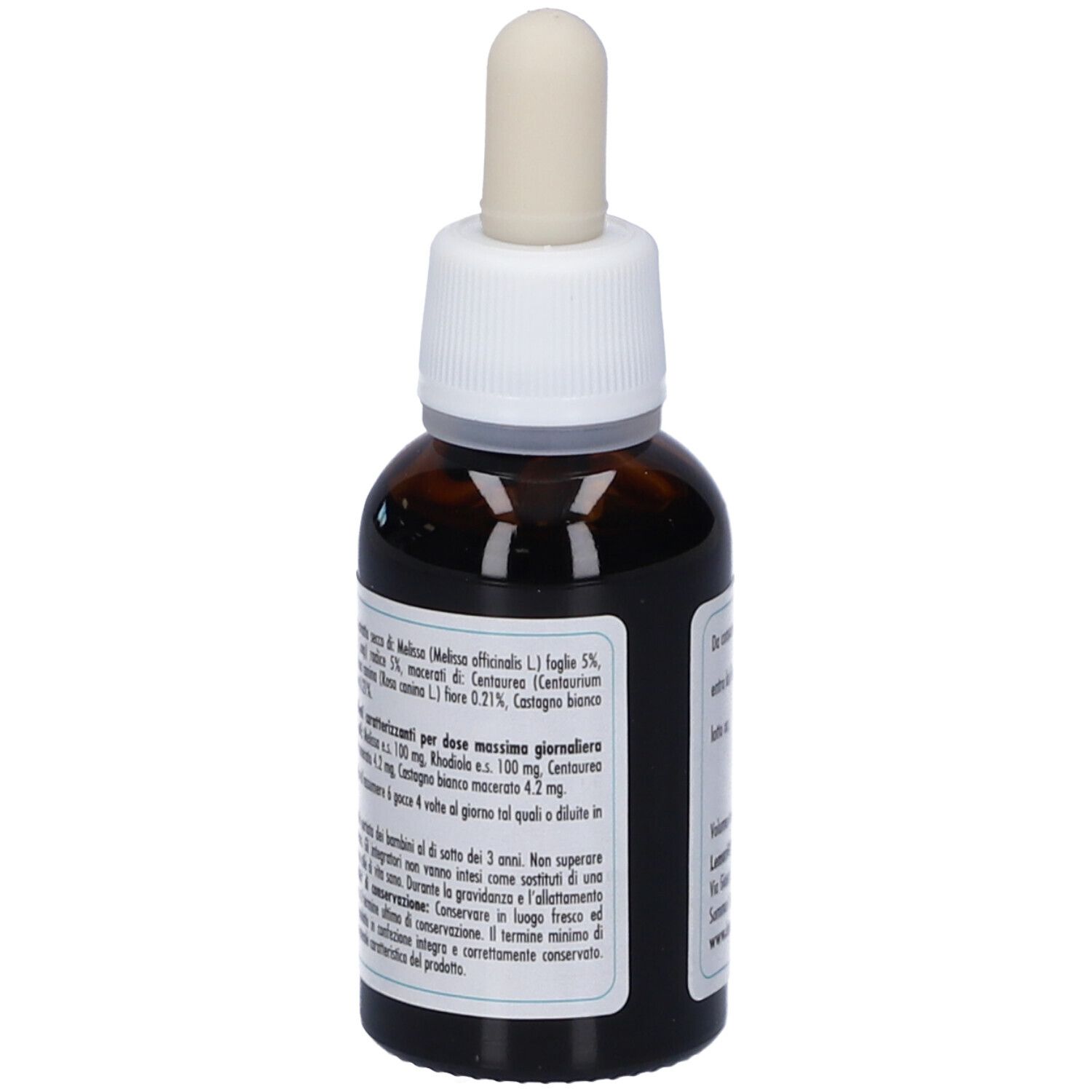 Flacone di vetro marrone con tappo bianco e contagocce. Etichetta con ingredienti e testo. Flacone contagocce.