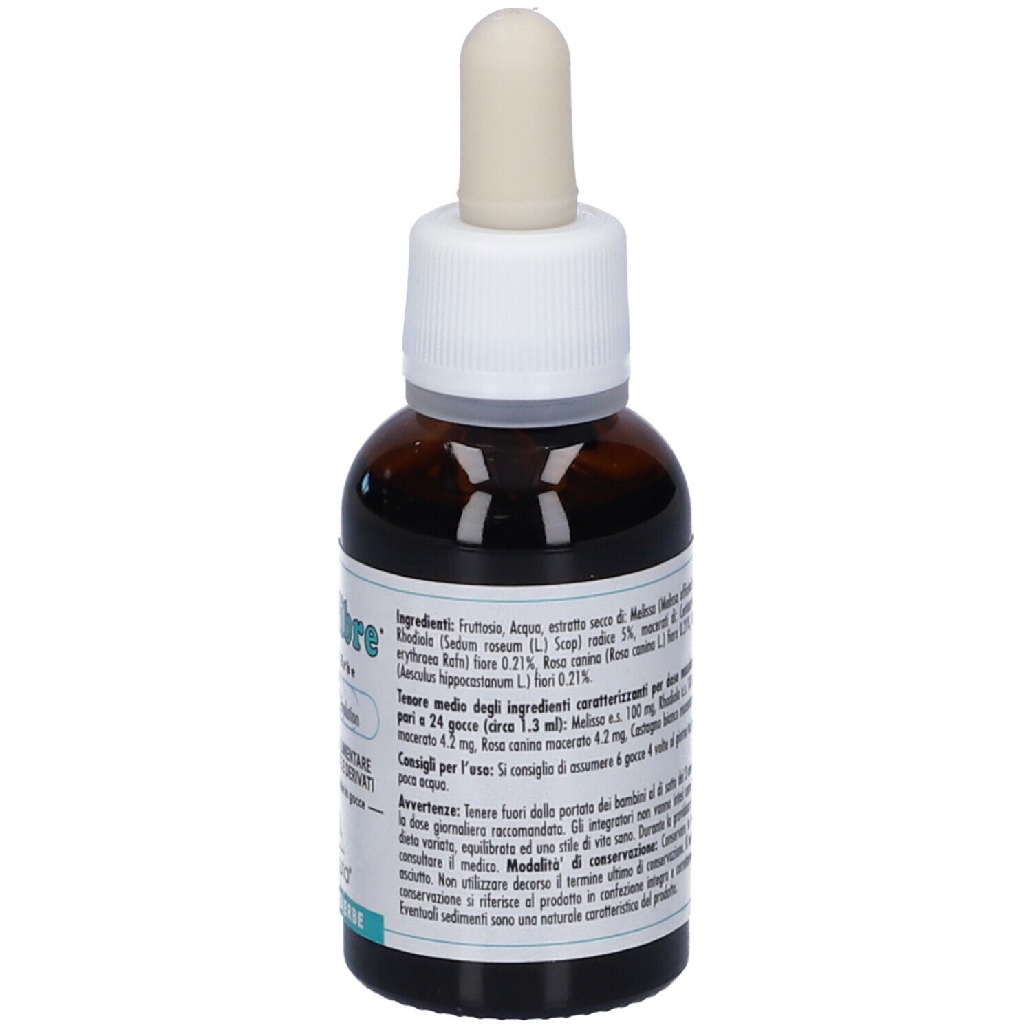 Flacone di vetro marrone con tappo bianco e contagocce. Etichetta con ingredienti e testo. Flacone contagocce.