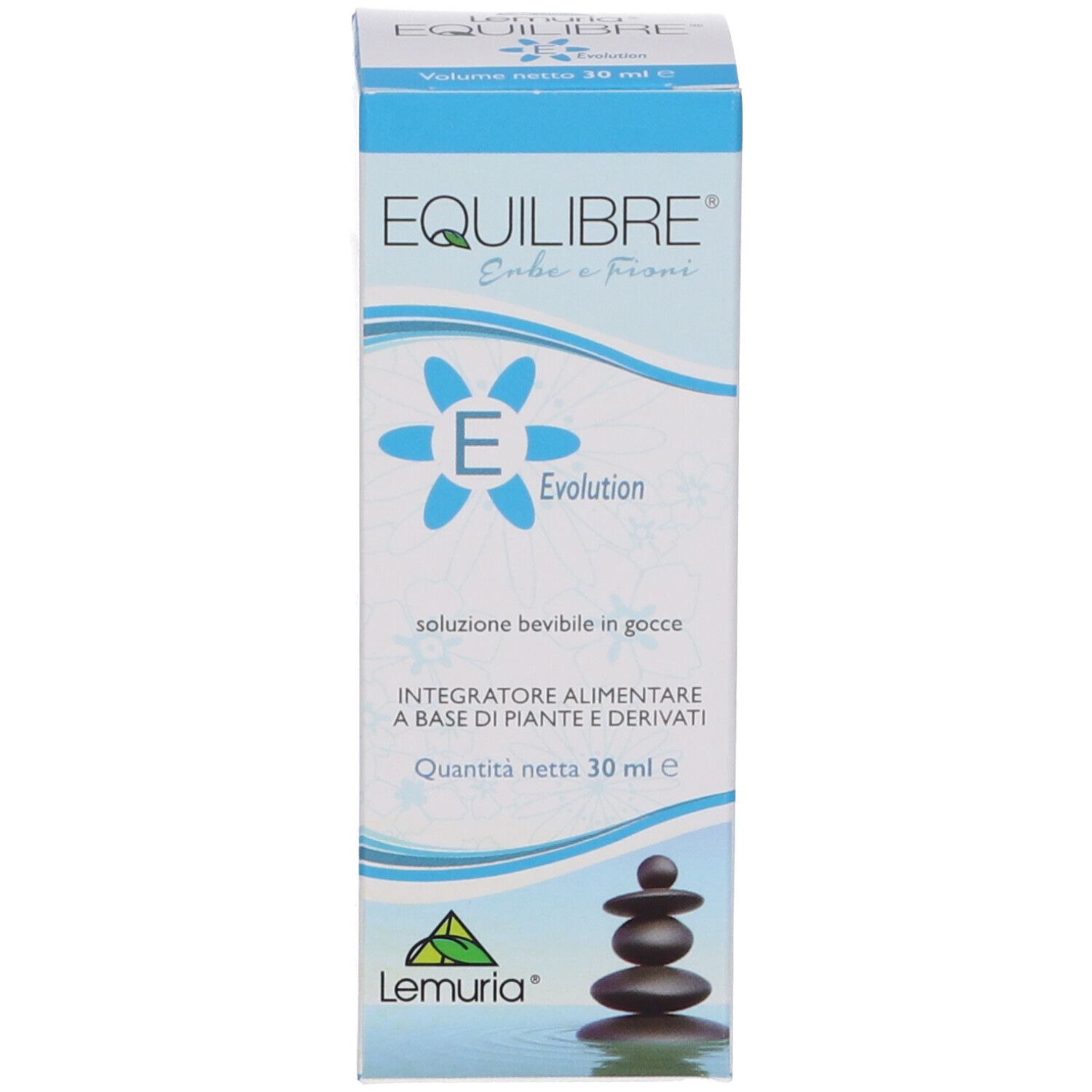 Confezione del prodotto. Scatola rettangolare con nome, logo e testo del prodotto. Colori blu e bianco.