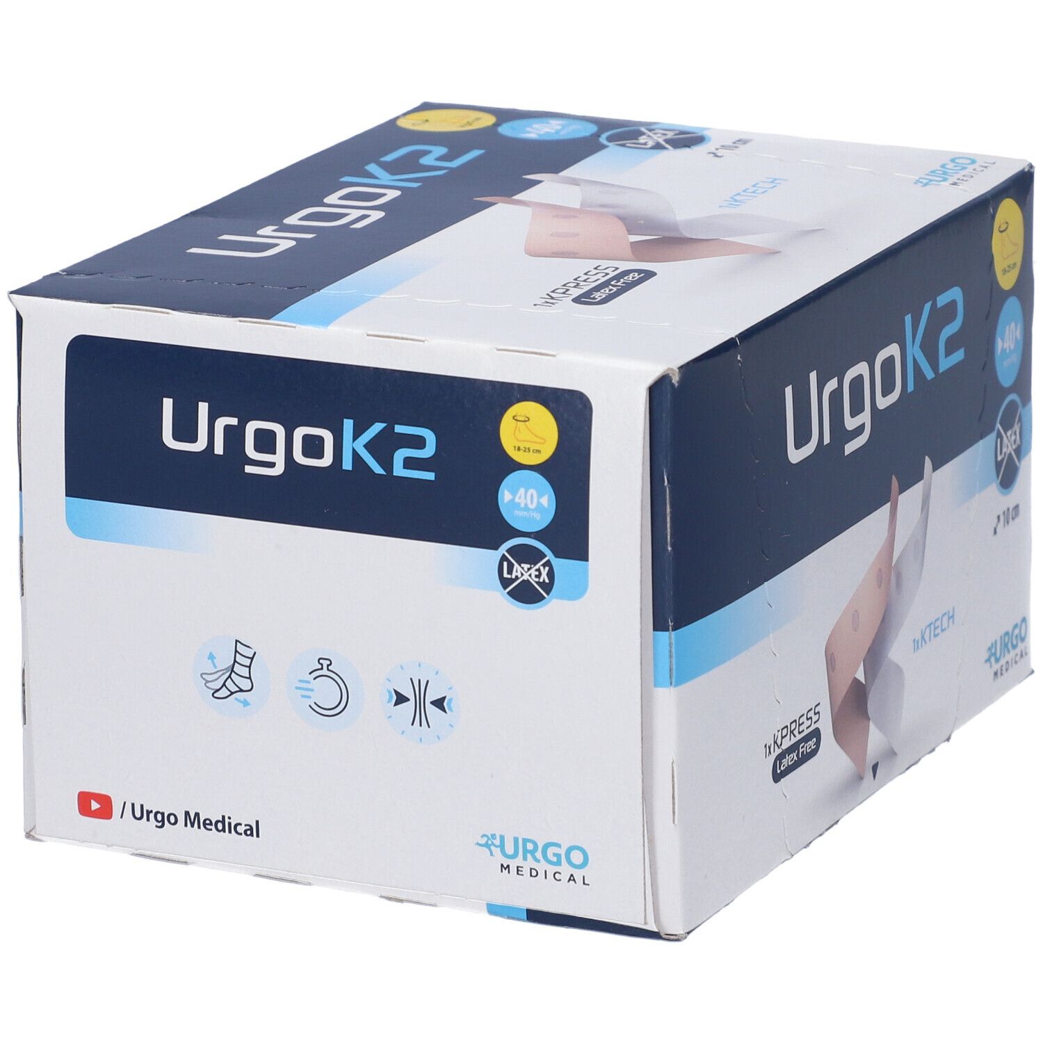Scatola di bende UrgoK2. Contiene 40 bende, larghezza 10 cm. Senza lattice. Marchio Urgo Medical.