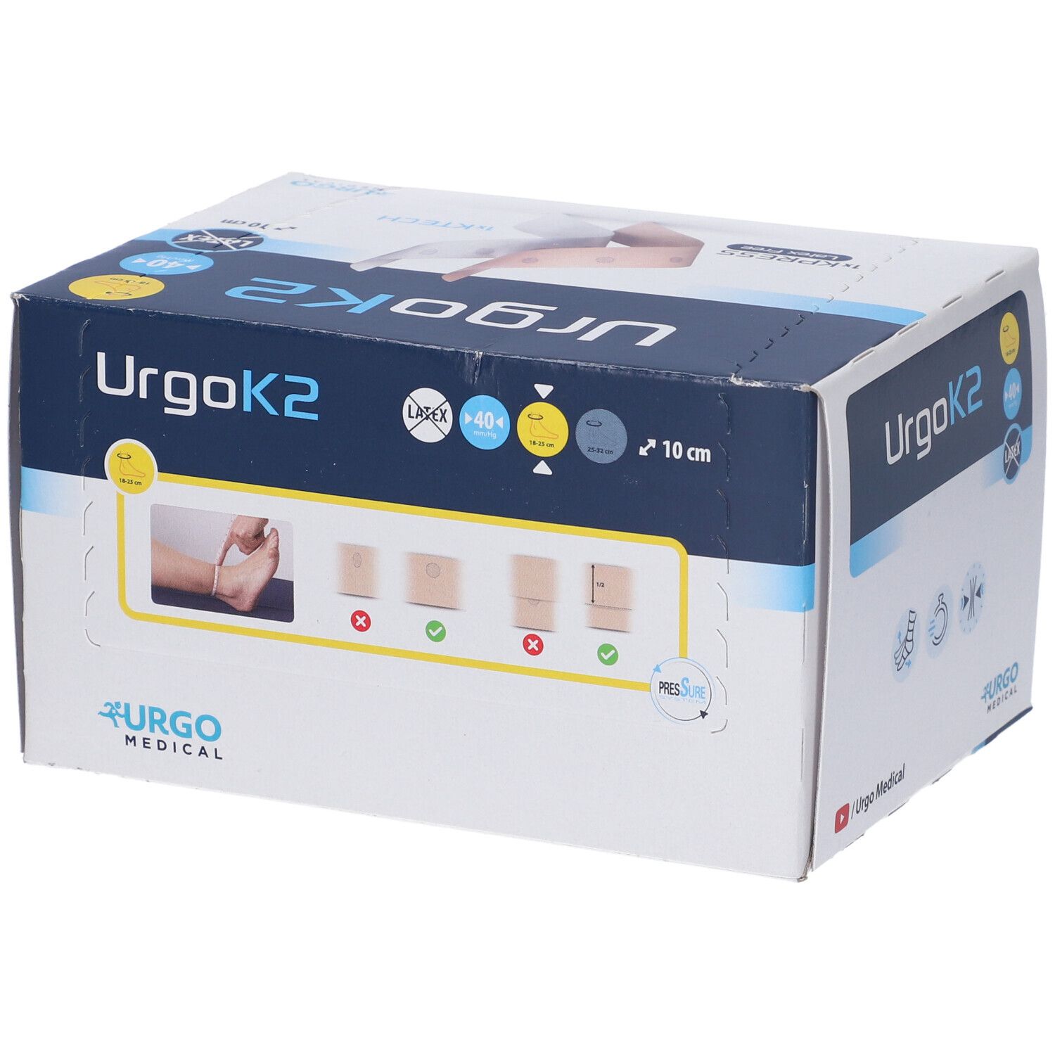 Scatola di bende UrgoK2. Contiene 40 bende, larghezza 10 cm. Senza lattice. Marchio Urgo Medical.