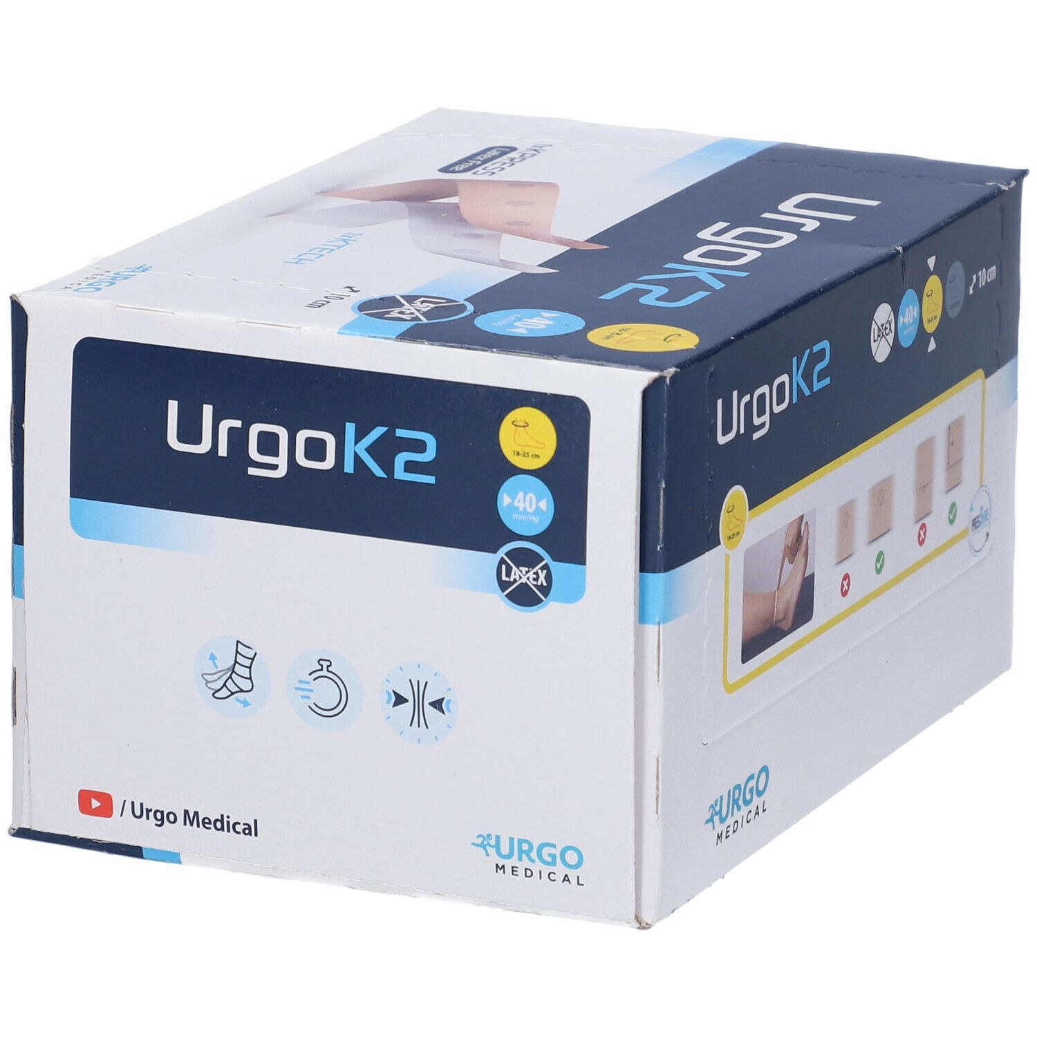 Scatola di bende UrgoK2. Contiene 40 bende, larghezza 10 cm. Senza lattice. Marchio Urgo Medical.