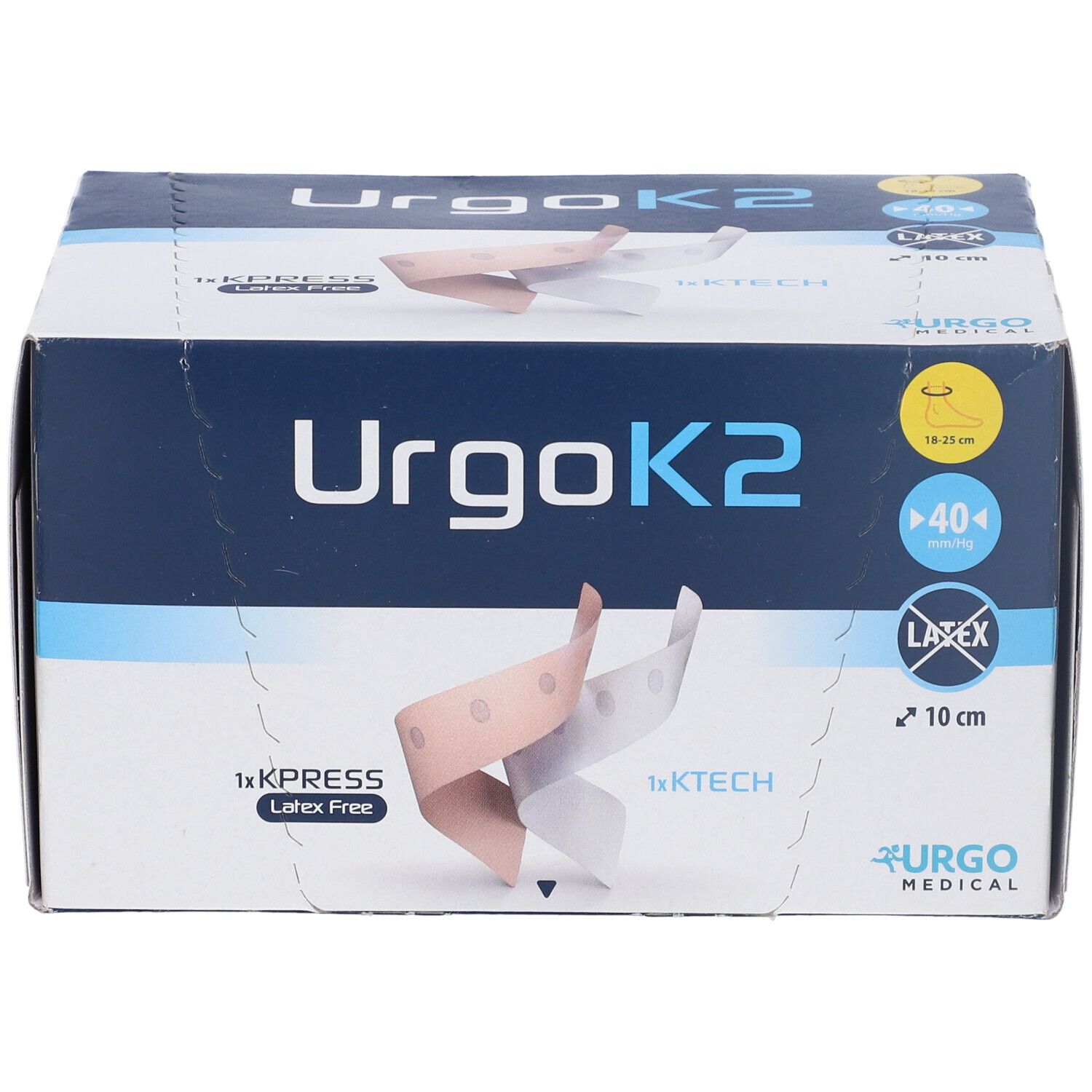 Scatola di bende UrgoK2. Contiene 40 bende, larghezza 10 cm. Senza lattice. Marchio Urgo Medical.