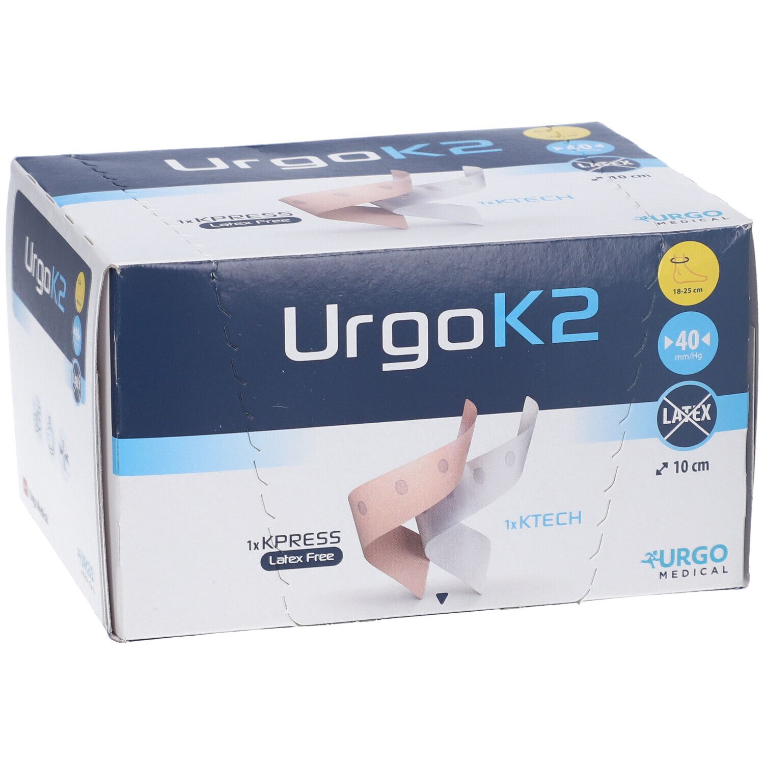 Scatola di bende UrgoK2. Contiene 40 bende, larghezza 10 cm. Senza lattice. Marchio Urgo Medical.