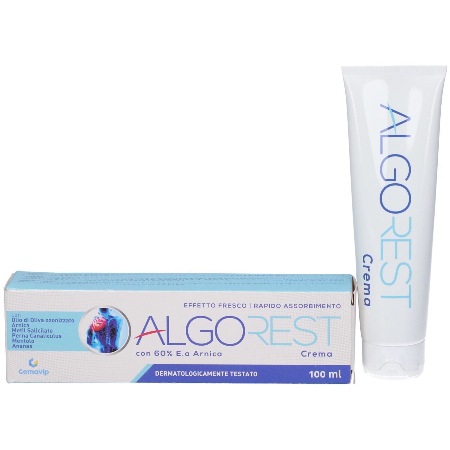 Confezione e tubo del prodotto. Confezione con scritta blu ALGO REST Crema.