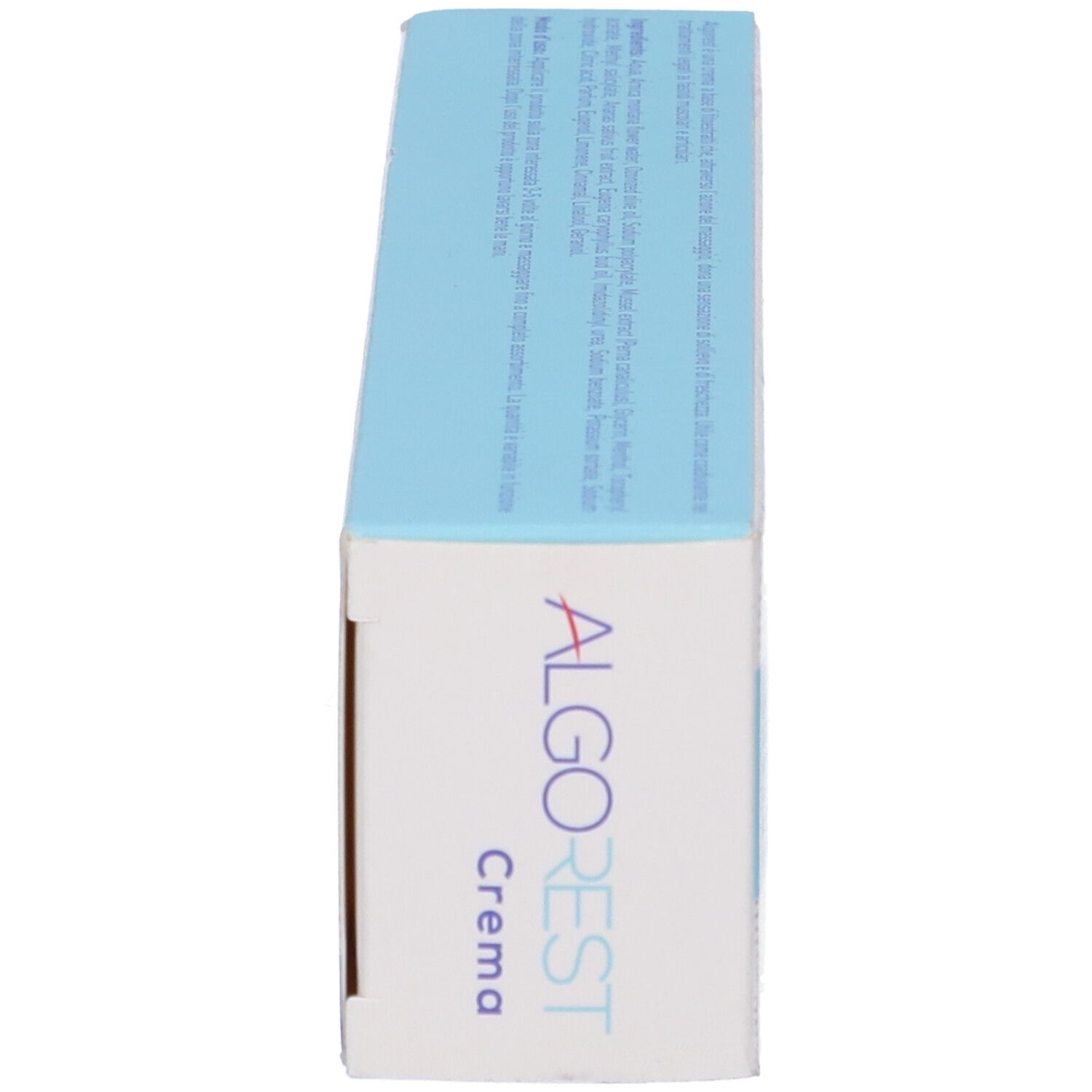 Vista laterale della confezione del prodotto con scritta ALGO REST Crema.