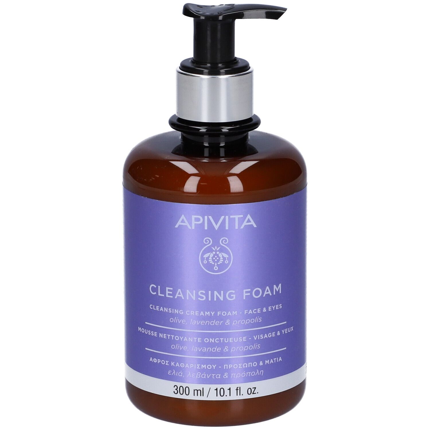 Flacone marrone con etichetta viola. Contiene Apivita Cleansing Foam. Con dispenser. 300 ml.