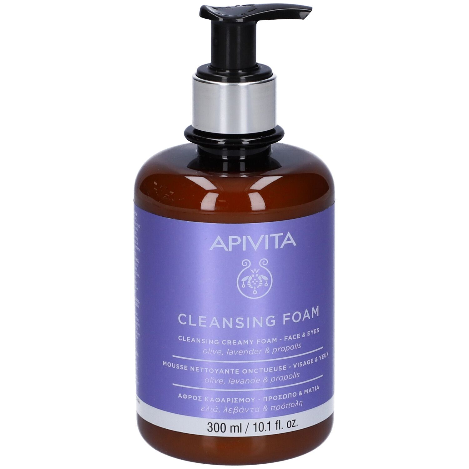 Flacone marrone con etichetta viola. Contiene Apivita Cleansing Foam. Con dispenser. 300 ml.