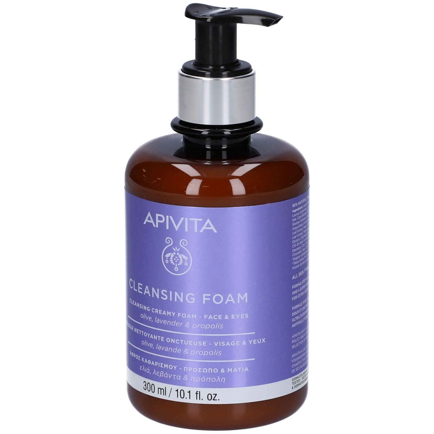 Flacone marrone con etichetta viola. Contiene Apivita Cleansing Foam. Con dispenser. 300 ml.