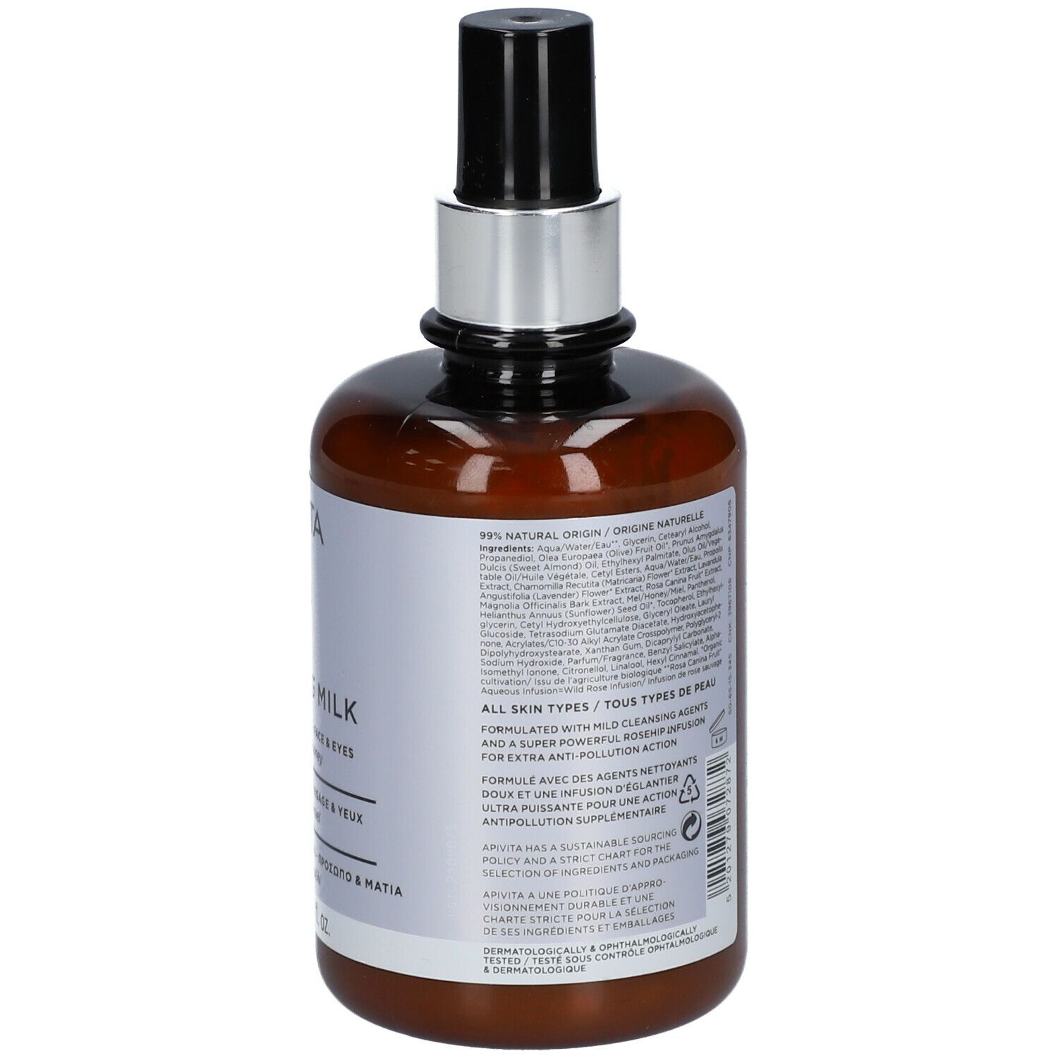 Retro di un flacone marrone con testo. Contiene informazioni sugli ingredienti e l'uso.