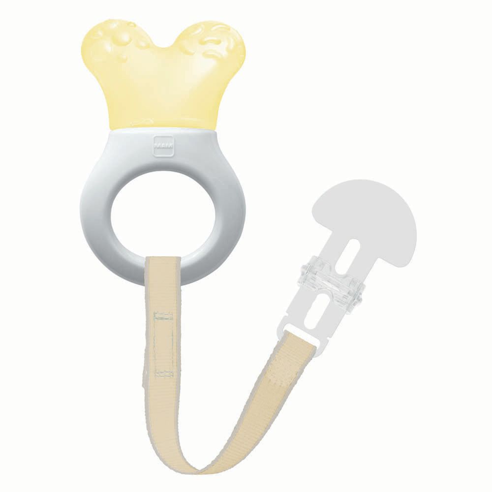 Anello dentizione giallo a forma di osso con anello bianco e cinghia.