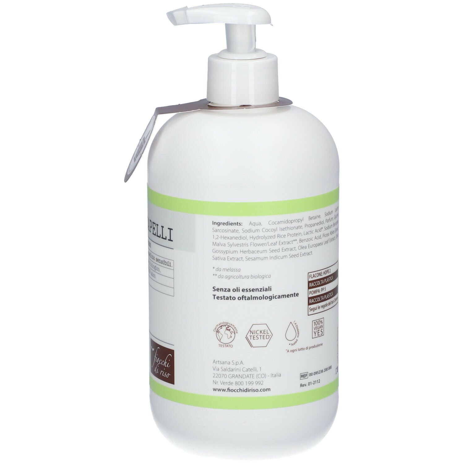 Dispenser bianco con etichetta verde. Testo: Ingredienti, Logo: Fiocchi di Riso. Con erogatore a pompa.