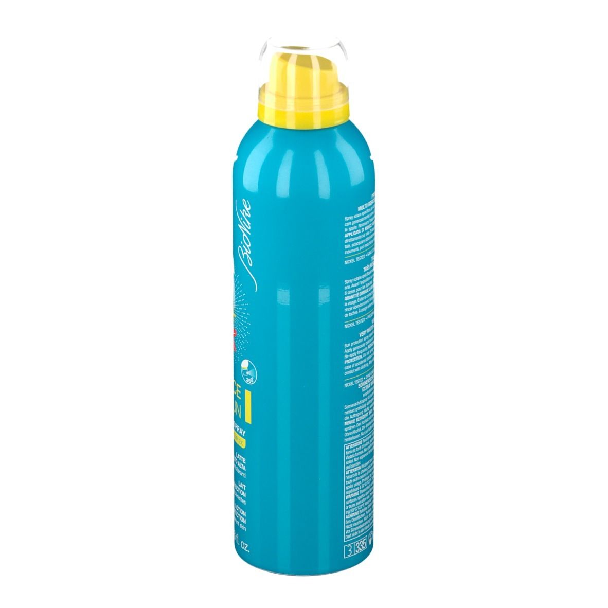 Flacone spray blu turchese, vista laterale. Erogatore giallo. Scritta: BioNike. Testo multilingue.