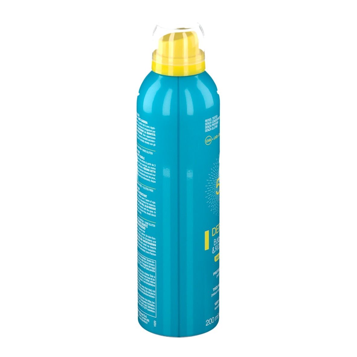 Flacone spray blu turchese, vista laterale. Erogatore giallo. Scritta: BioNike. Testo multilingue.
