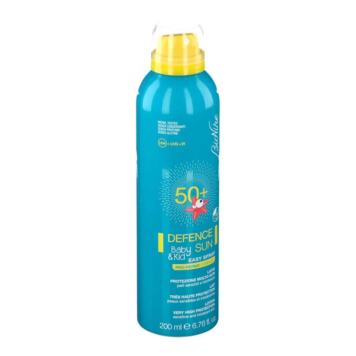 Flacone spray blu turchese con erogatore giallo. Scritta: Defence Sun Baby & Kid, SPF 50+. Marchio: BioNike.