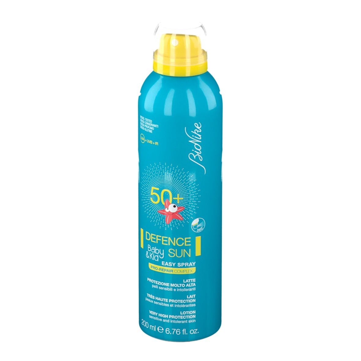 Flacone spray blu turchese con erogatore giallo. Scritta: Defence Sun Baby & Kid, SPF 50+. Marchio: BioNike.
