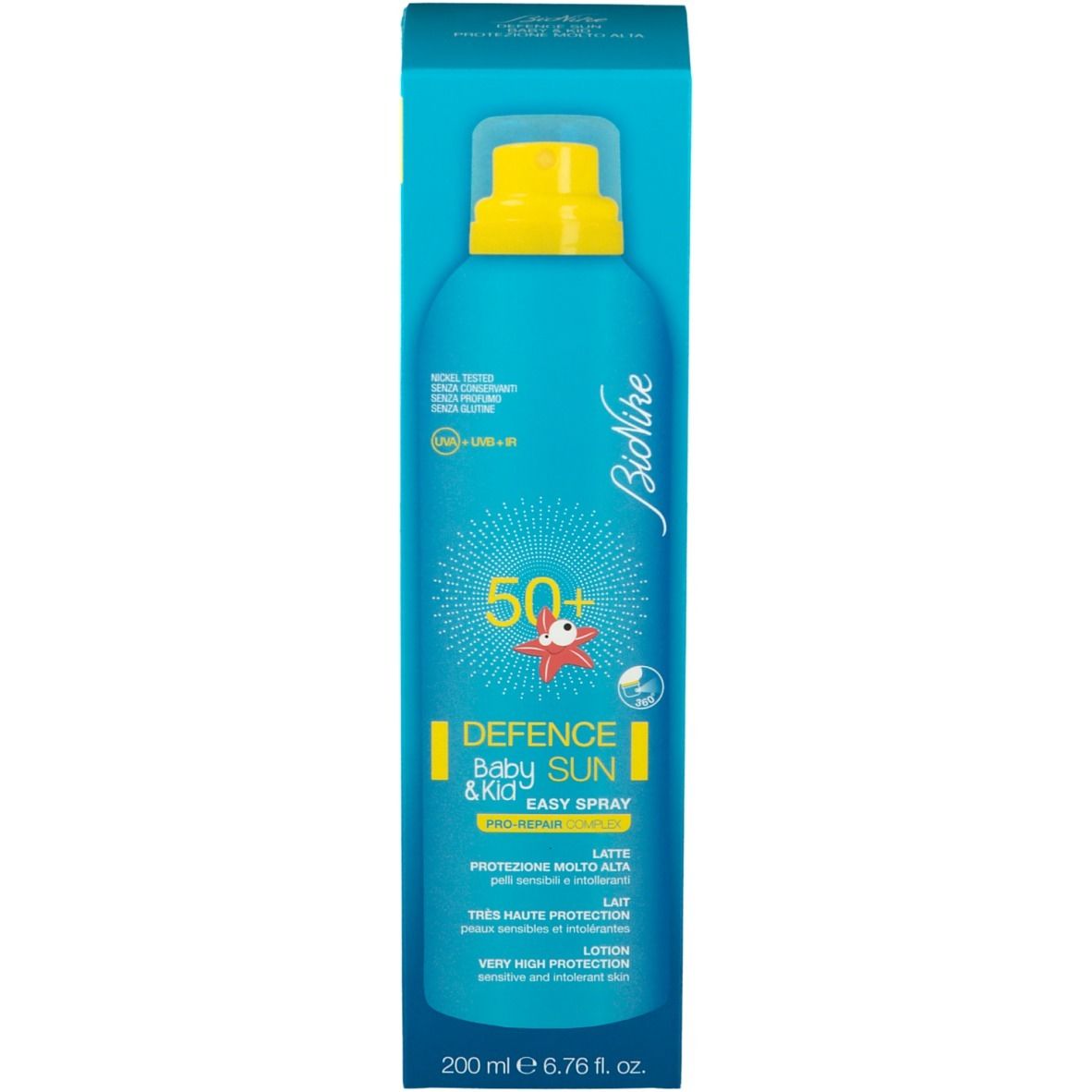 Confezione prodotto con flacone spray. Blu turchese, erogatore giallo. Scritta: Defence Sun Baby & Kid, SPF 50+. Marchio: BioNike.