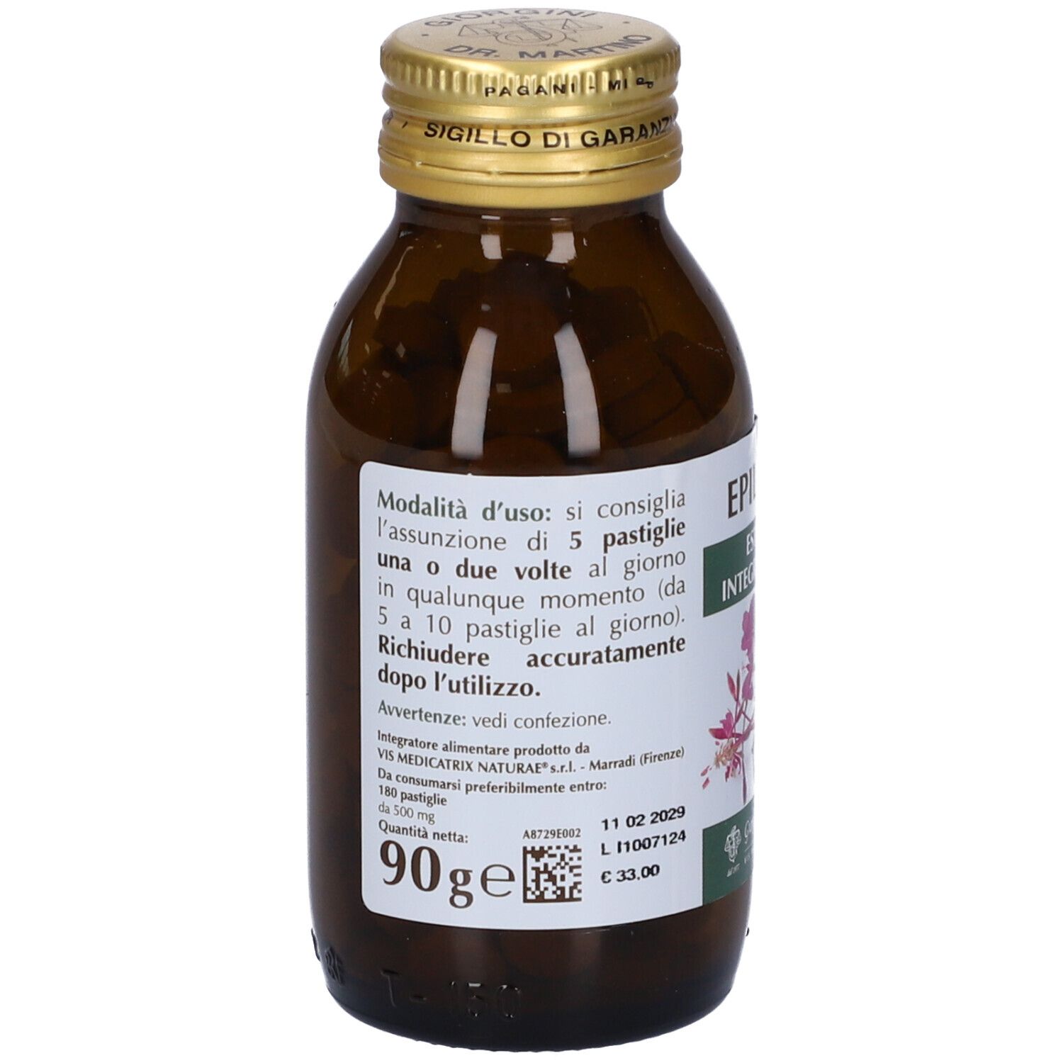 Retro di un flacone di vetro marrone con tappo dorato. Etichetta con informazioni sul prodotto e codice QR.