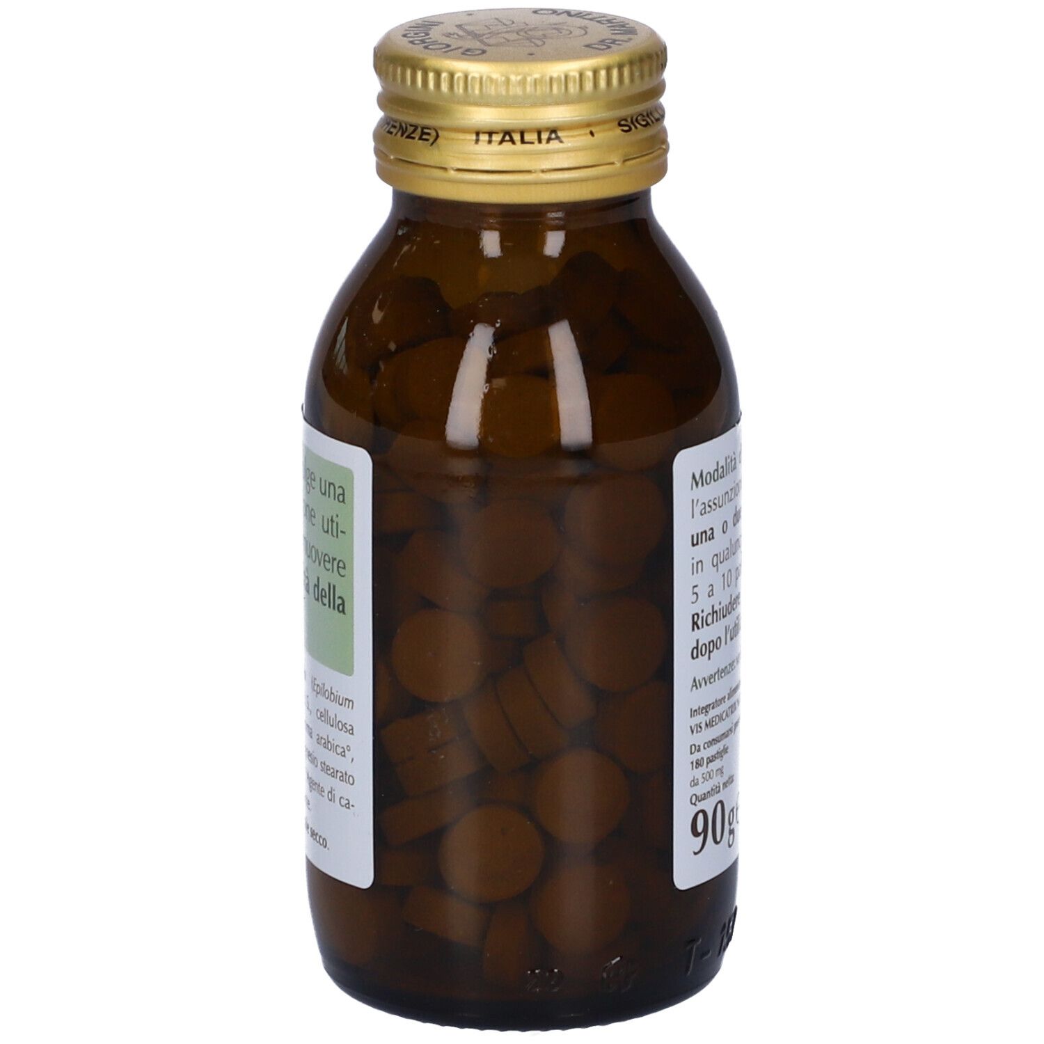 Flacone di vetro marrone con tappo dorato, pieno di compresse. Etichetta con informazioni sul prodotto.