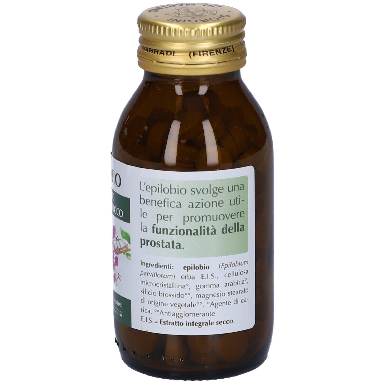 Flacone di vetro marrone con tappo dorato. Etichetta con informazioni sul prodotto e ingredienti.