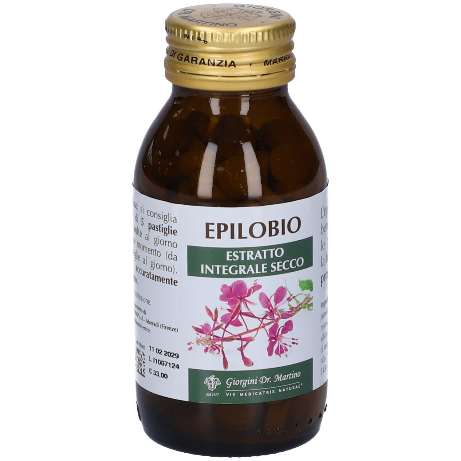 Flacone di vetro marrone con tappo dorato. Etichetta con nome prodotto EPILOBIO ESTRATTO INTEGRALE SECCO e illustrazione floreale.