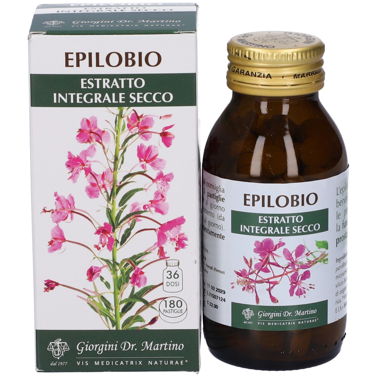 Confezione del prodotto con flacone. Scatola con nome prodotto EPILOBIO ESTRATTO INTEGRALE SECCO e illustrazione floreale.