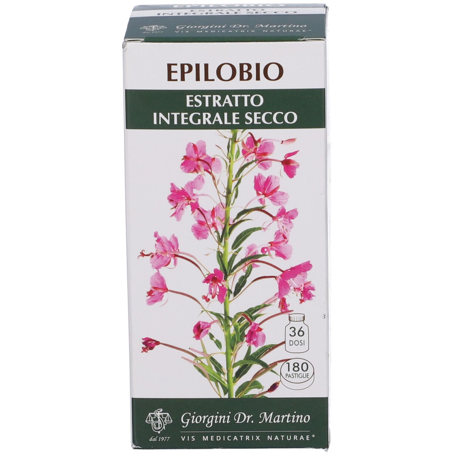 Confezione del prodotto. Scatola con nome prodotto EPILOBIO ESTRATTO INTEGRALE SECCO e illustrazione floreale.