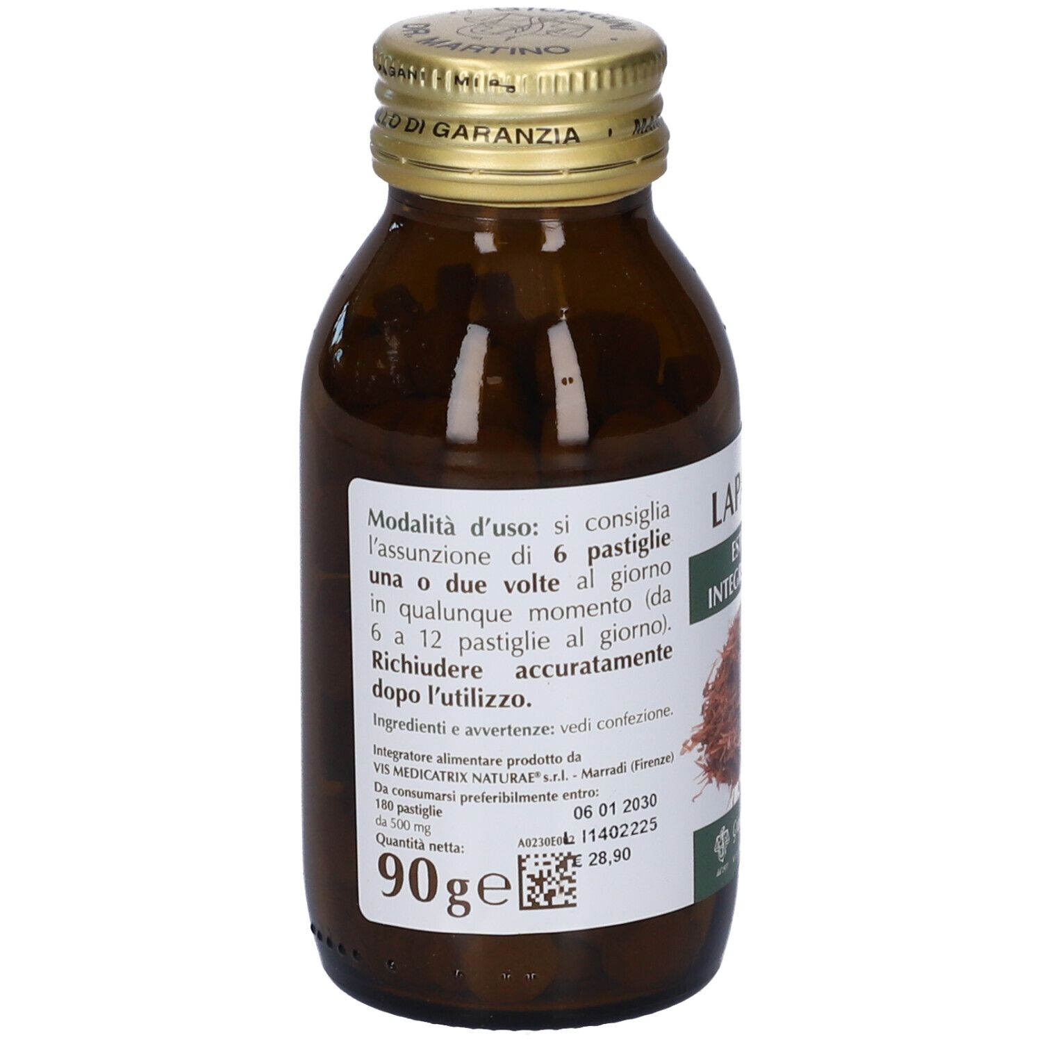 Bottiglia di vetro marrone con tappo dorato. Etichetta con informazioni prodotto e QR code. Marca Giorgini Dr. Martino. 90g.