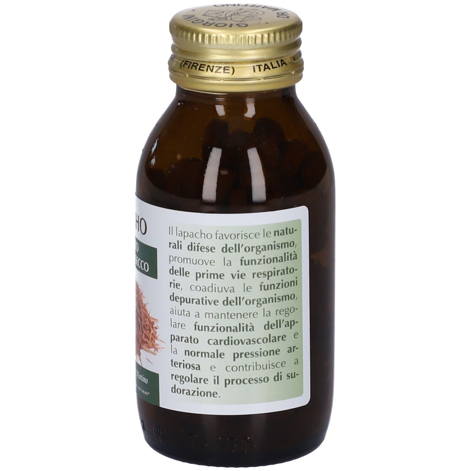 Bottiglia di vetro marrone con tappo dorato. Etichetta con nome del prodotto e descrizione. Marca Giorgini Dr. Martino.