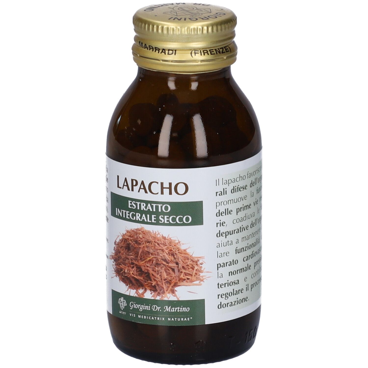 Bottiglia di vetro marrone con tappo dorato. Etichetta con nome del prodotto e immagine di scaglie di legno. Marca Giorgini Dr. Martino.