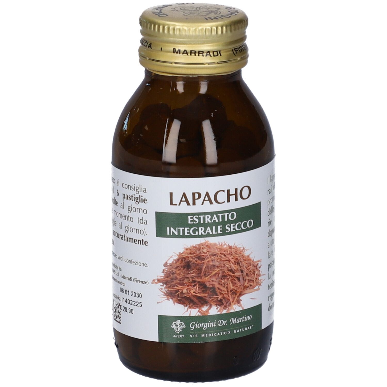 Bottiglia di vetro marrone con tappo dorato. Etichetta con nome del prodotto e immagine di scaglie di legno. Marca Giorgini Dr. Martino.