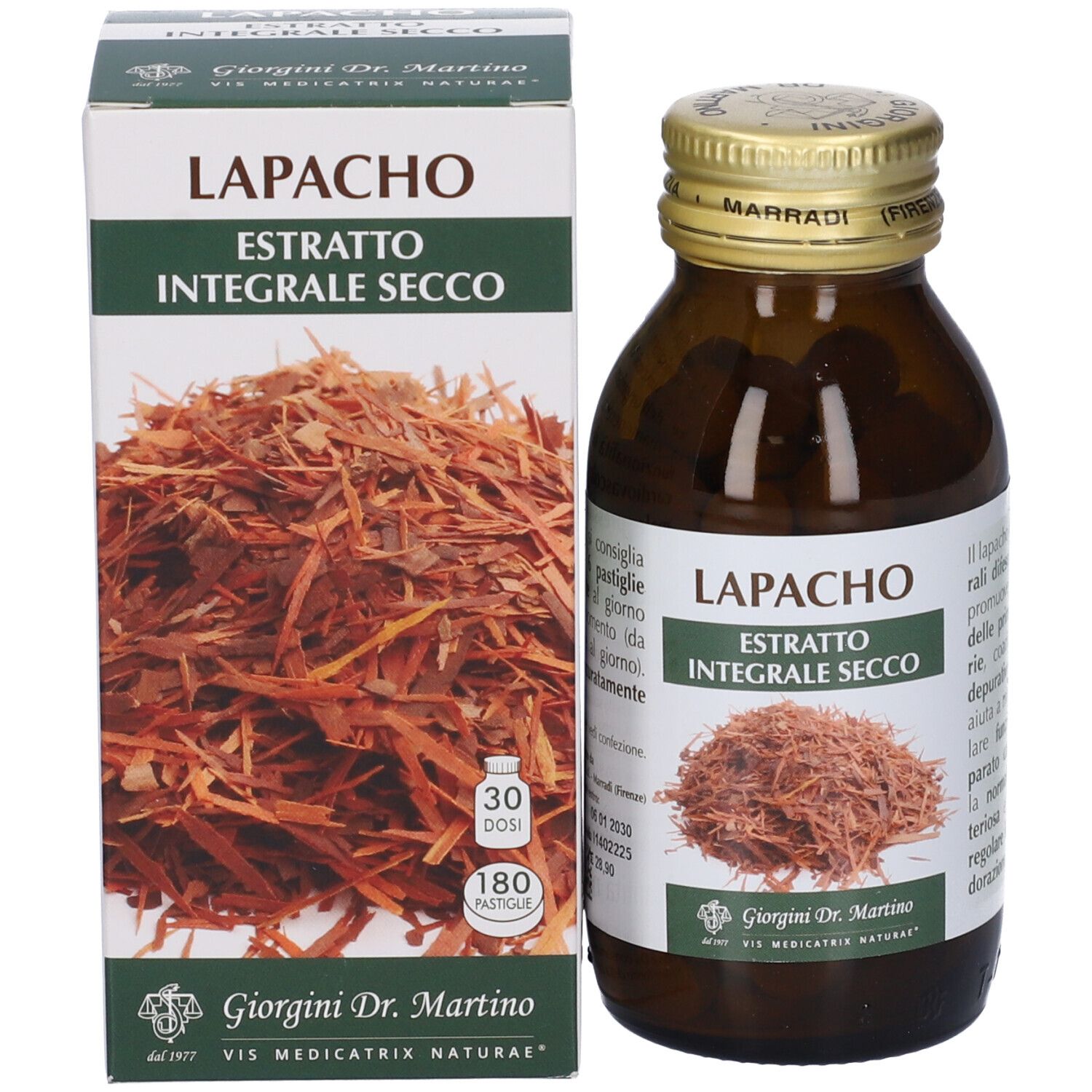 Confezione del prodotto e bottiglia. Confezione con nome del prodotto e immagine di scaglie di legno. Marca Giorgini Dr. Martino.