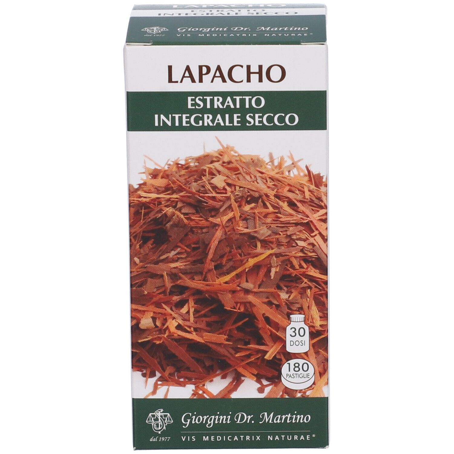 Confezione del prodotto con nome del prodotto e immagine di scaglie di legno. Marca Giorgini Dr. Martino. 30 dosi, 180 compresse.