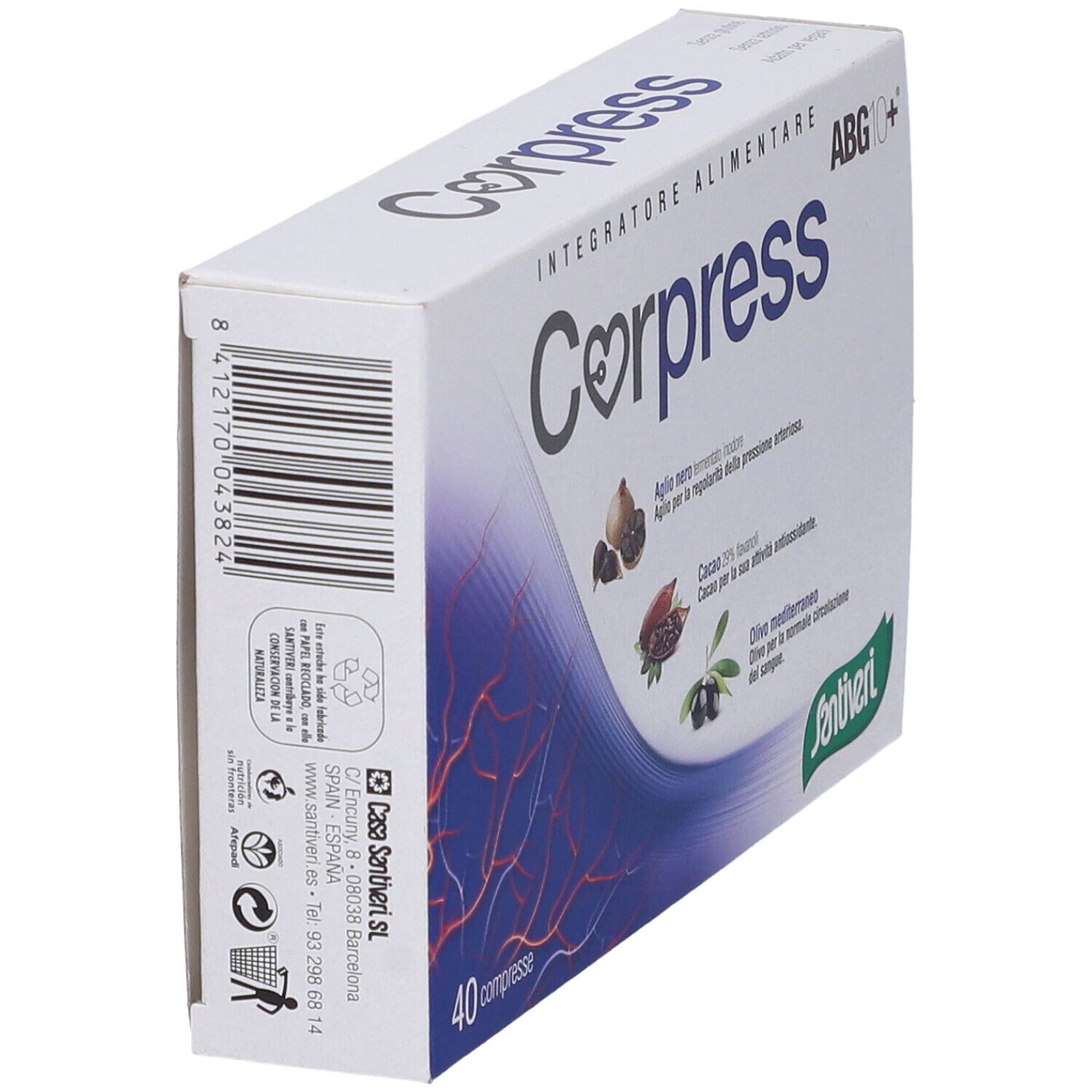 Scatola Corpress 40 compresse. Scritto: Corpress, ABG10+. Retro con testo e codice a barre.