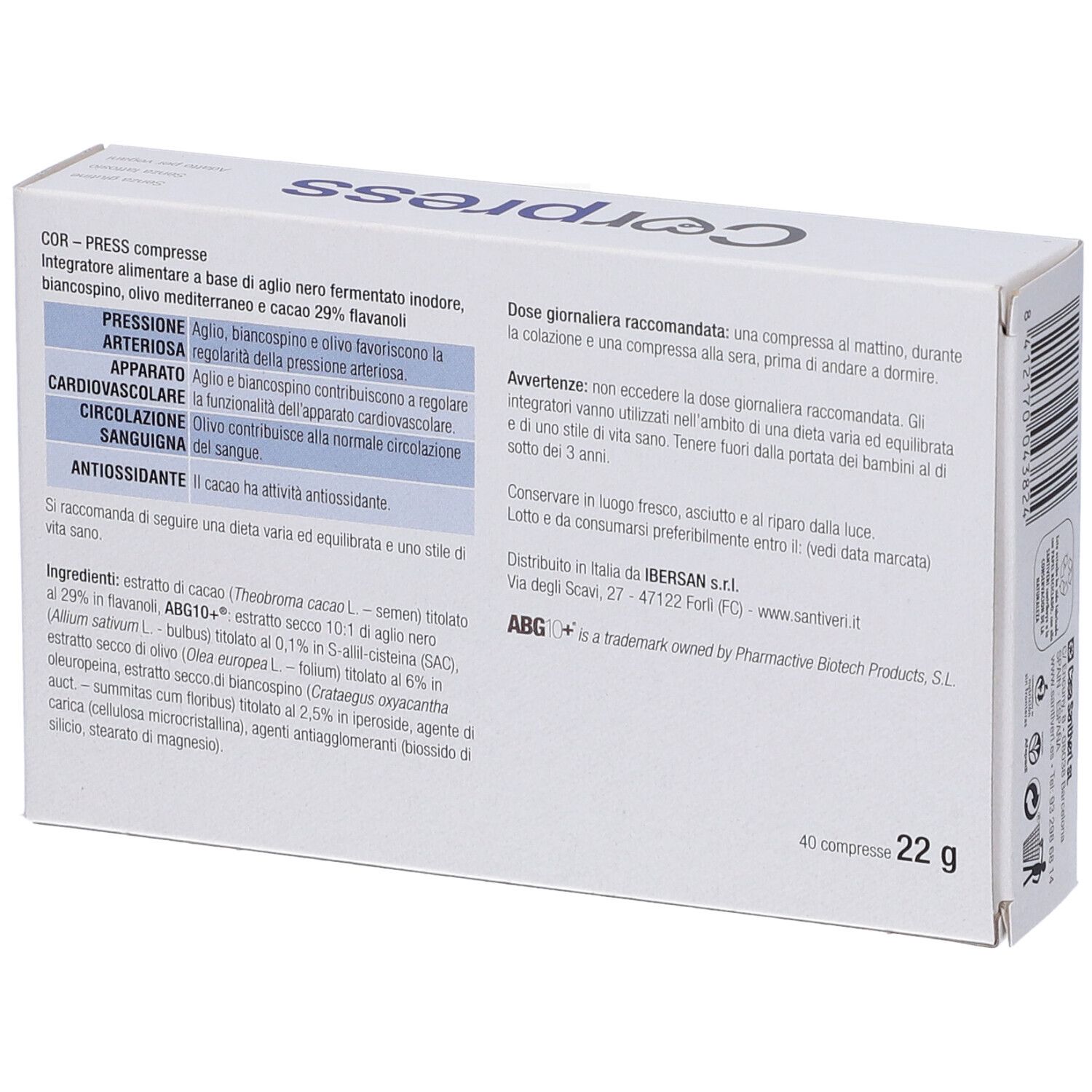 Retro della scatola Corpress 40 compresse. Testo sugli ingredienti e l'uso. 22g.
