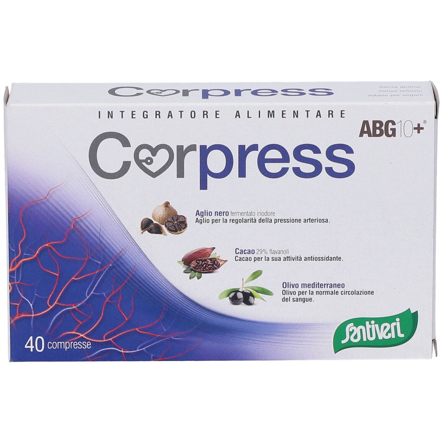 Scatola di Corpress 40 compresse. Scritto: Corpress, ABG10+. Immagini di aglio, cacao e olive.