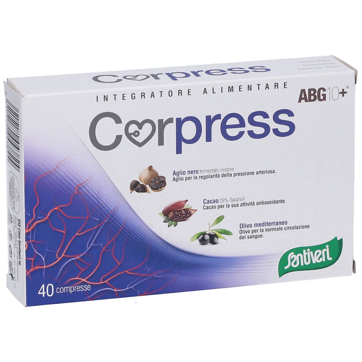 Scatola di Corpress 40 compresse. Scritto: Corpress, ABG10+. Immagini di aglio, cacao e olive.