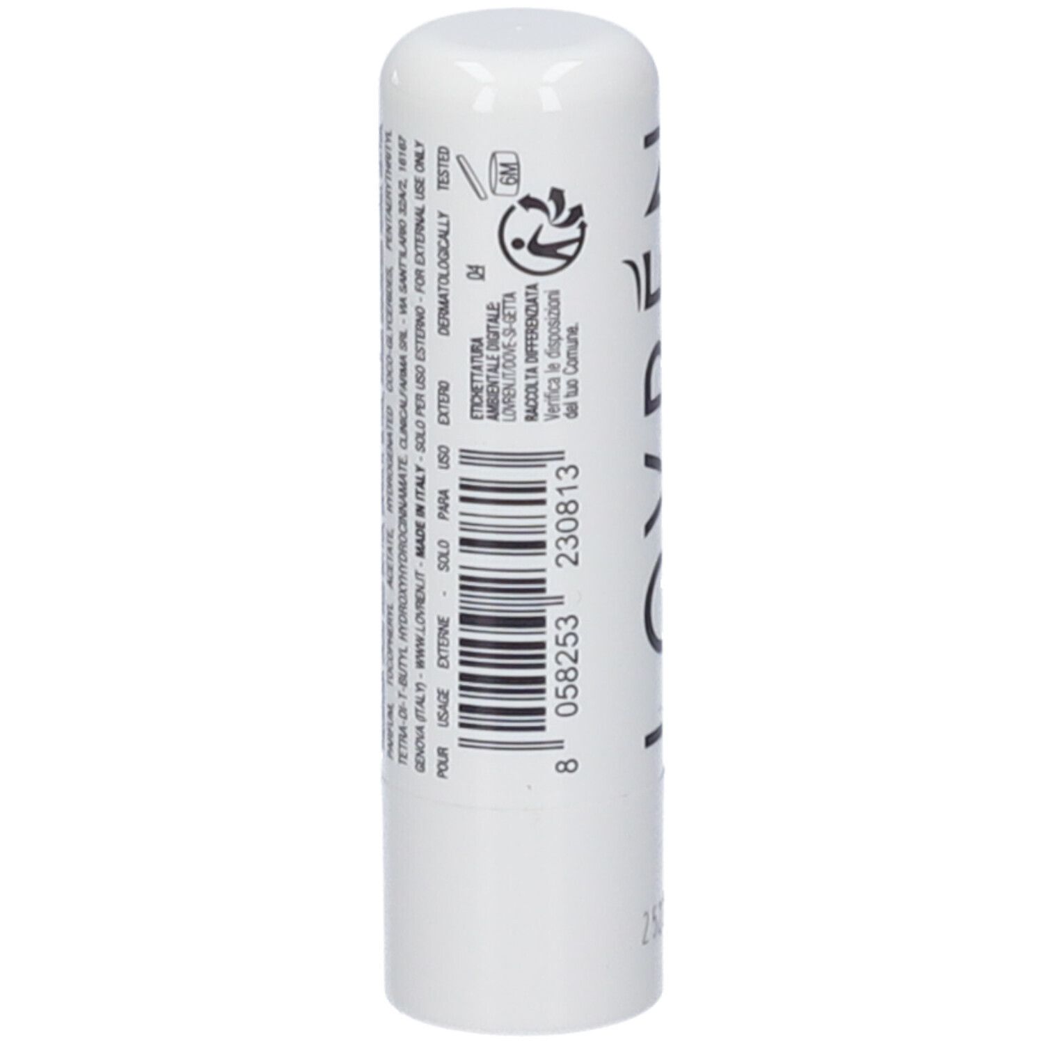 Stick di balsamo labbra bianco. Sul lato sono presenti un codice a barre, testo e simboli.