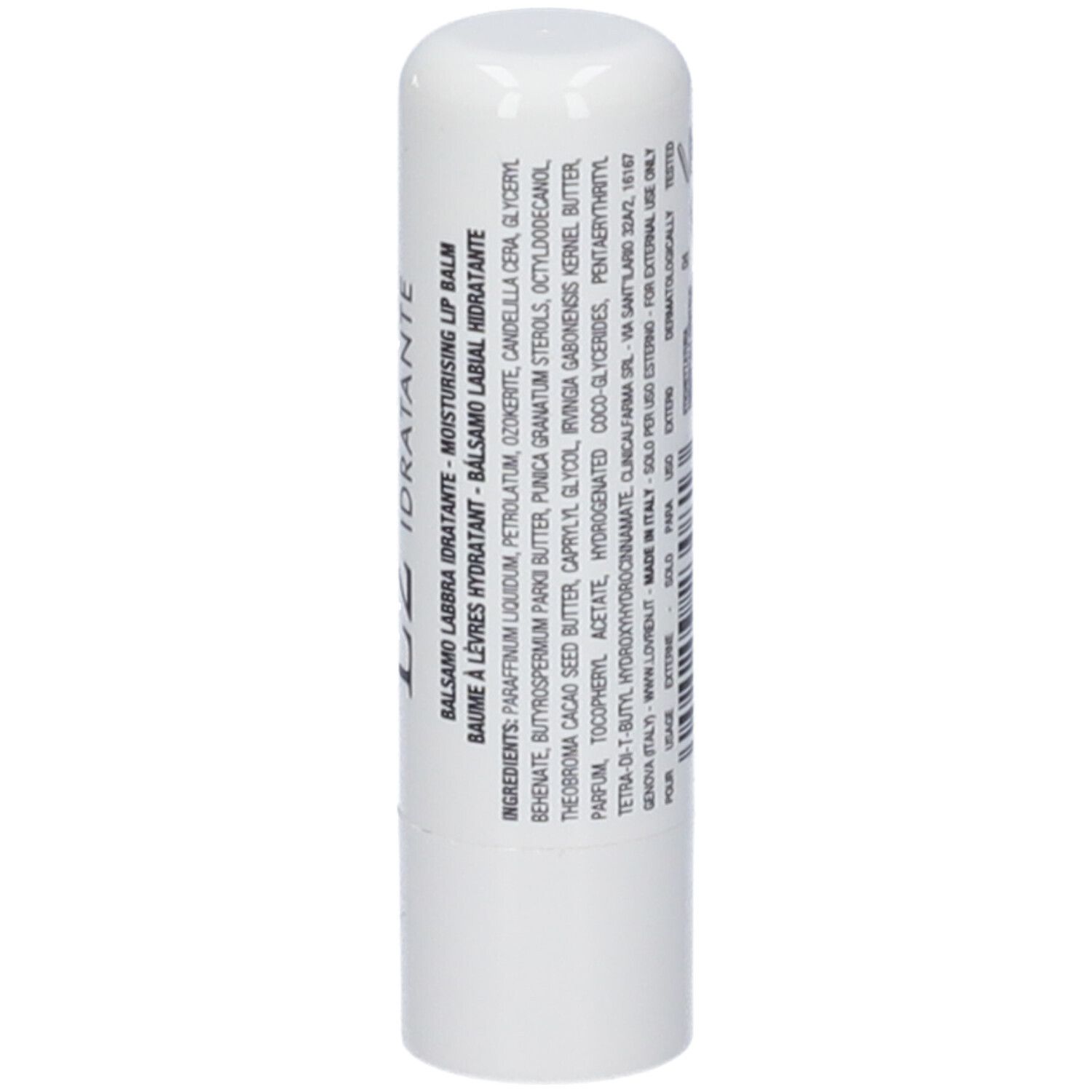 Stick di balsamo labbra bianco con elenco ingredienti e nome del prodotto. Testo multilingue.