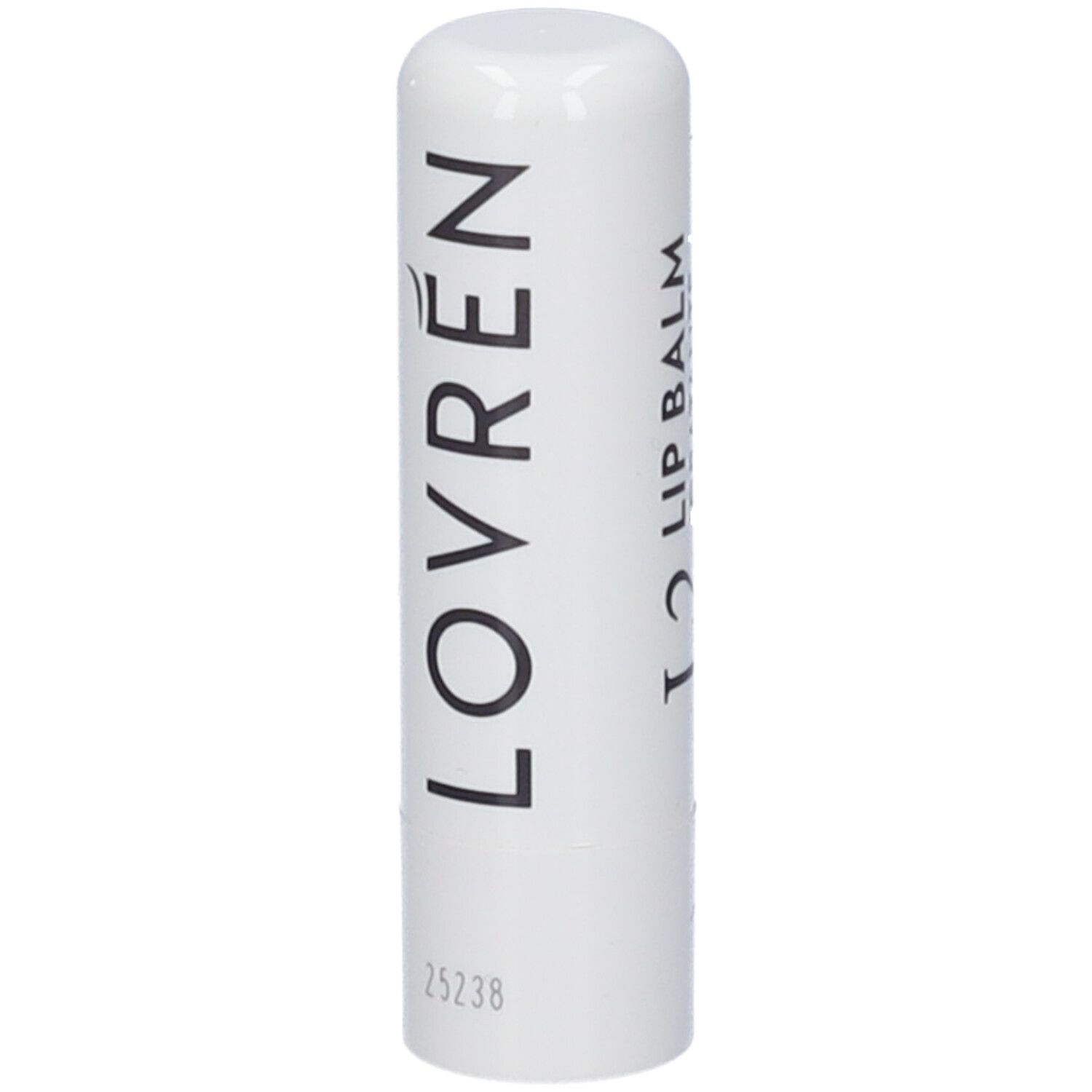 Stick di balsamo labbra bianco con scritta "LOVREN" nera e "LIP BALM".