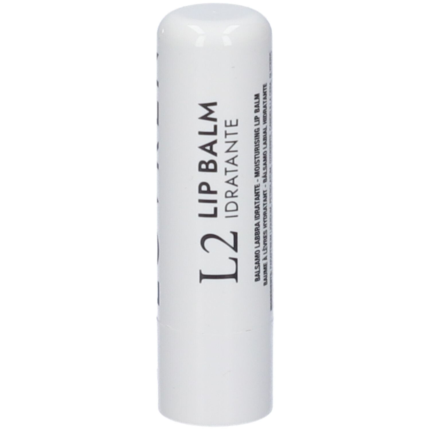 Stick di balsamo labbra bianco con scritta nera "L2 LIP BALM IDRATANTE".