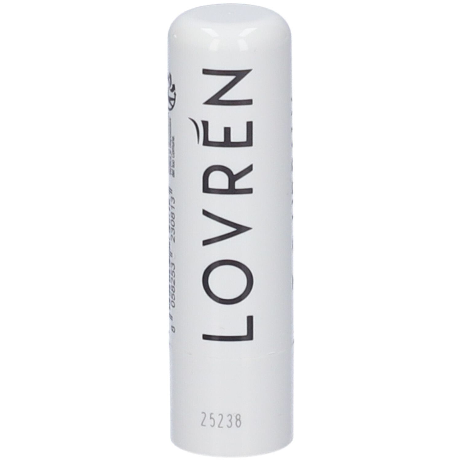 Stick di balsamo labbra bianco con scritta "LOVREN" nera. Codice a barre e altre informazioni sul lato.