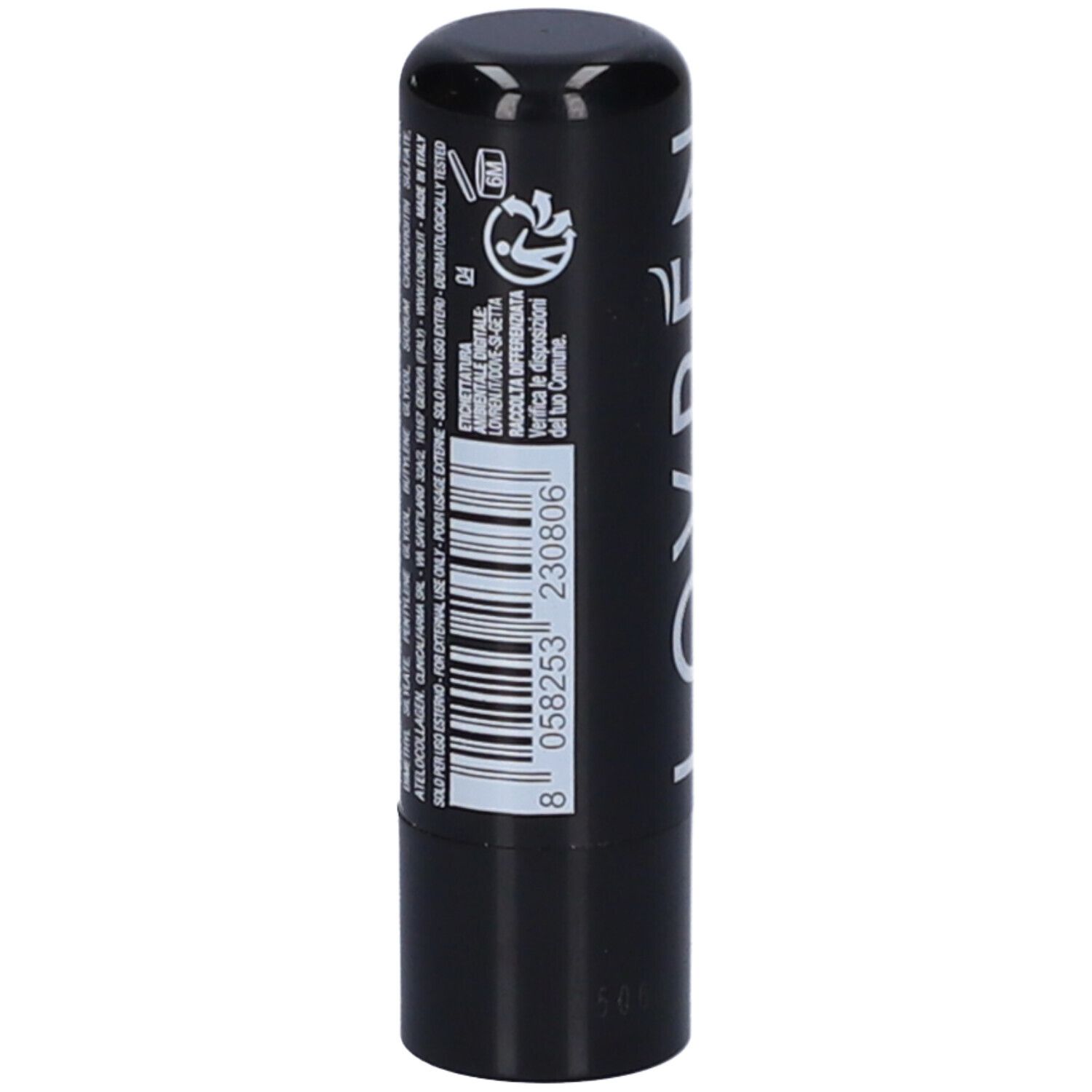 Stick di balsamo labbra nero. Scritta con ingredienti e codice a barre. Superficie lucida.