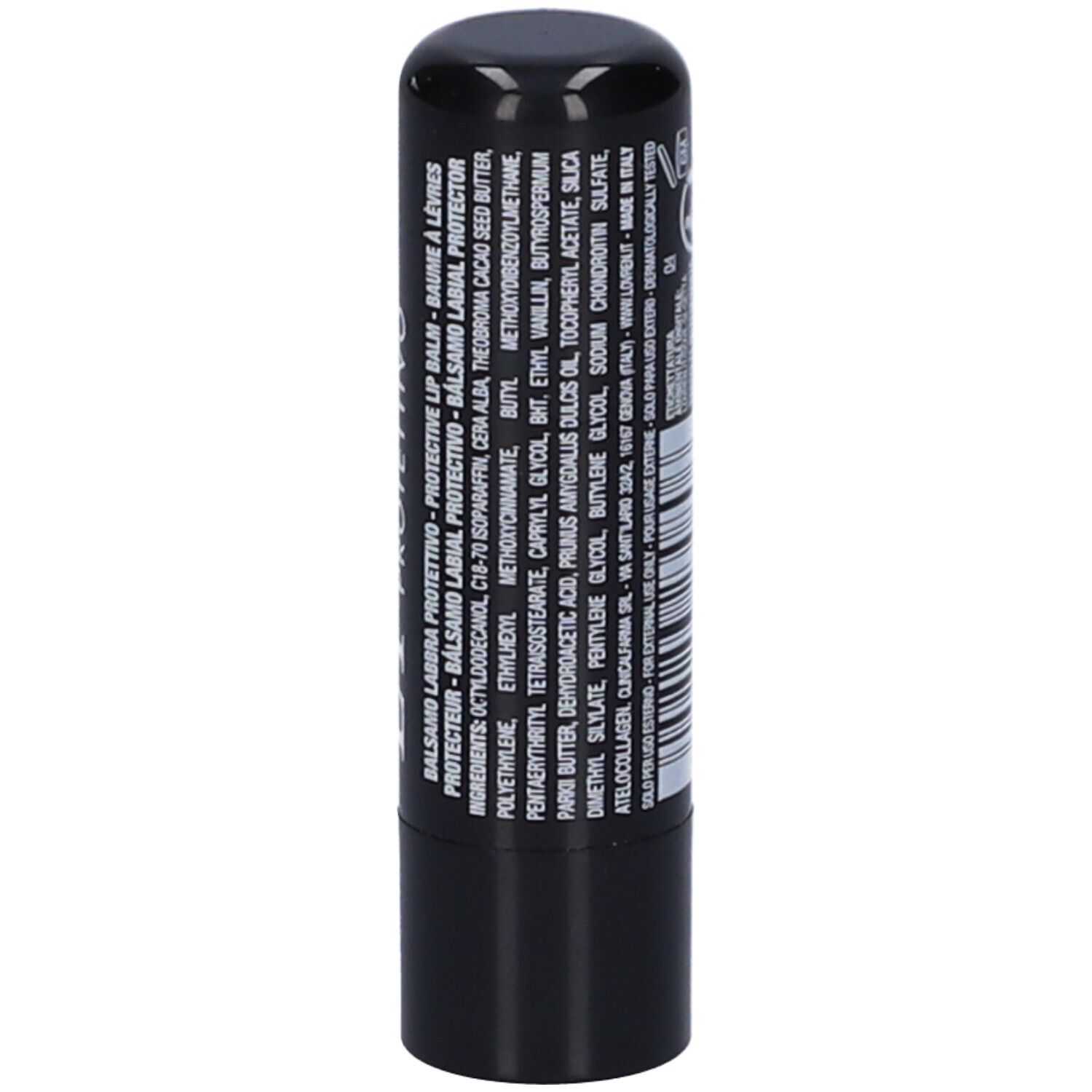 Stick di balsamo labbra nero con informazioni sugli ingredienti. Superficie lucida.