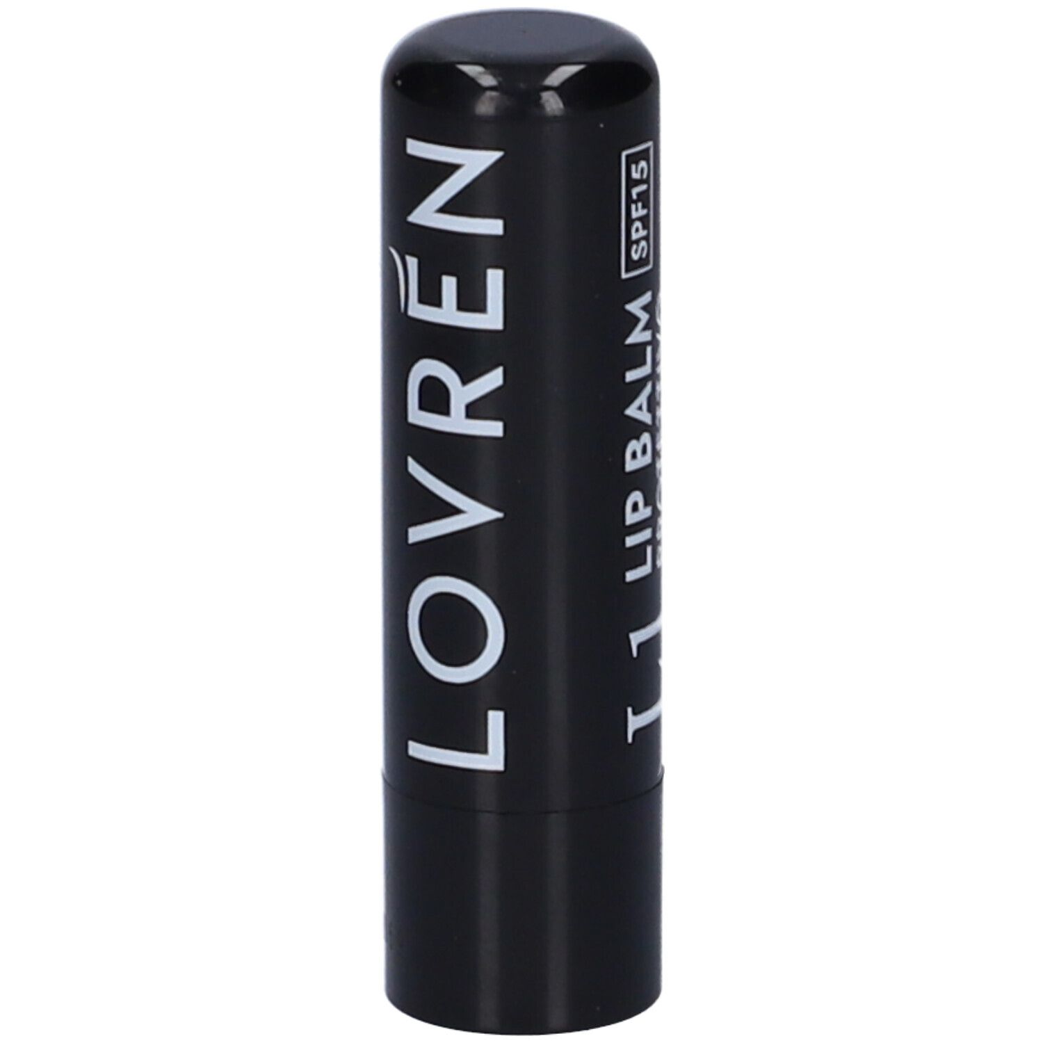 Stick di balsamo labbra nero con scritta bianca "LOVRÉN" e "LIP BALM SPF15".