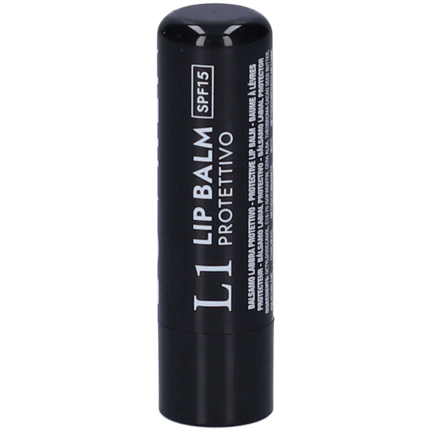 Stick di balsamo labbra nero con scritta bianca "LOVRÉN", "LIP BALM PROTETTIVO SPF15".