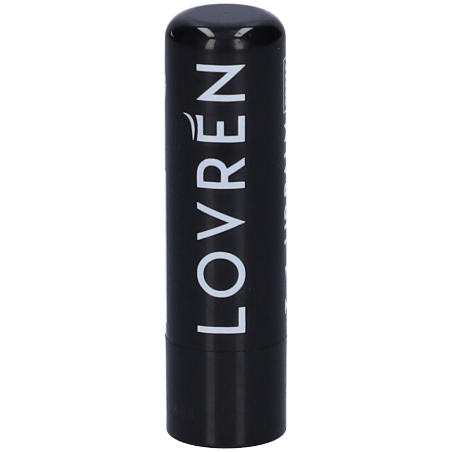 Stick di balsamo labbra nero con scritta bianca "LOVRÉN". Superficie lucida.