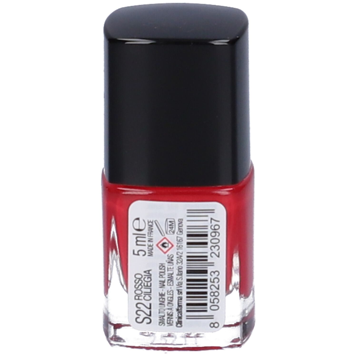 Flacone di smalto rosso con tappo nero. Scritta: S22 Rosso Ciliegia, 5 ml.