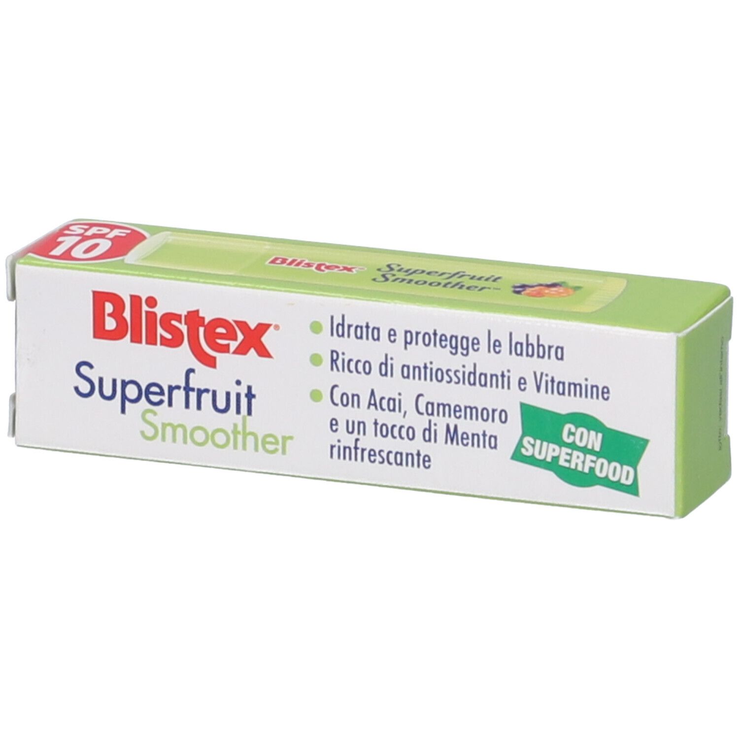 Confezione Blistex Superfruit Smoother SPF10. Testo: Superfruit Smoother, SPF 10, Superfood. Ingredienti e info.
